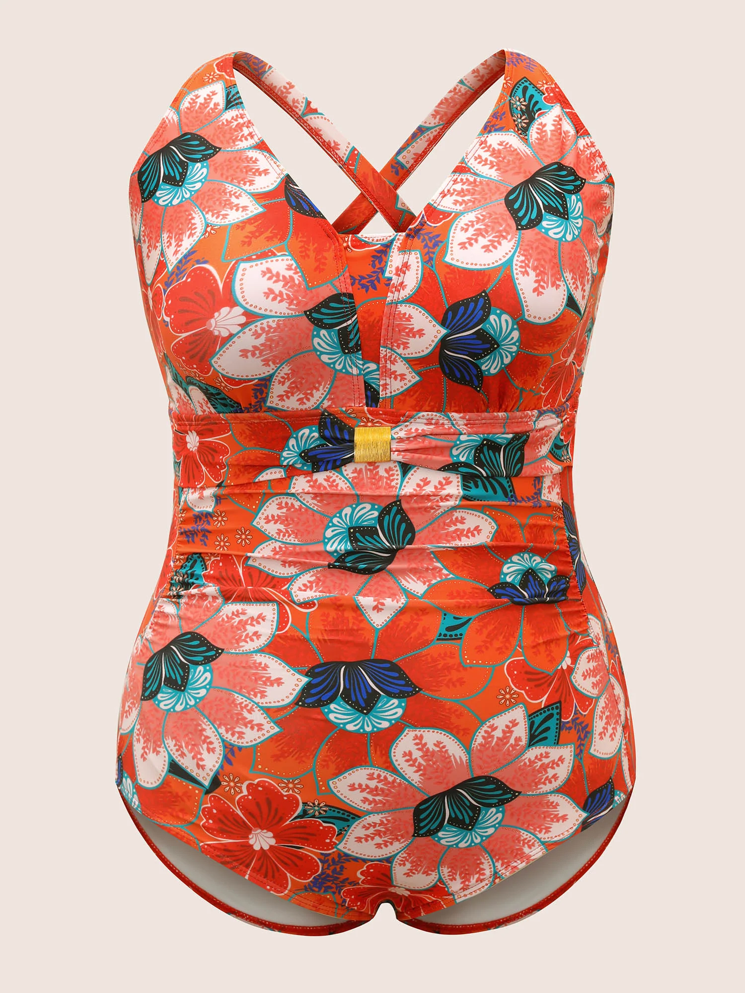 Floral Ruched Crisscross Buckle Detail One Piece Swimsuit - Image 6