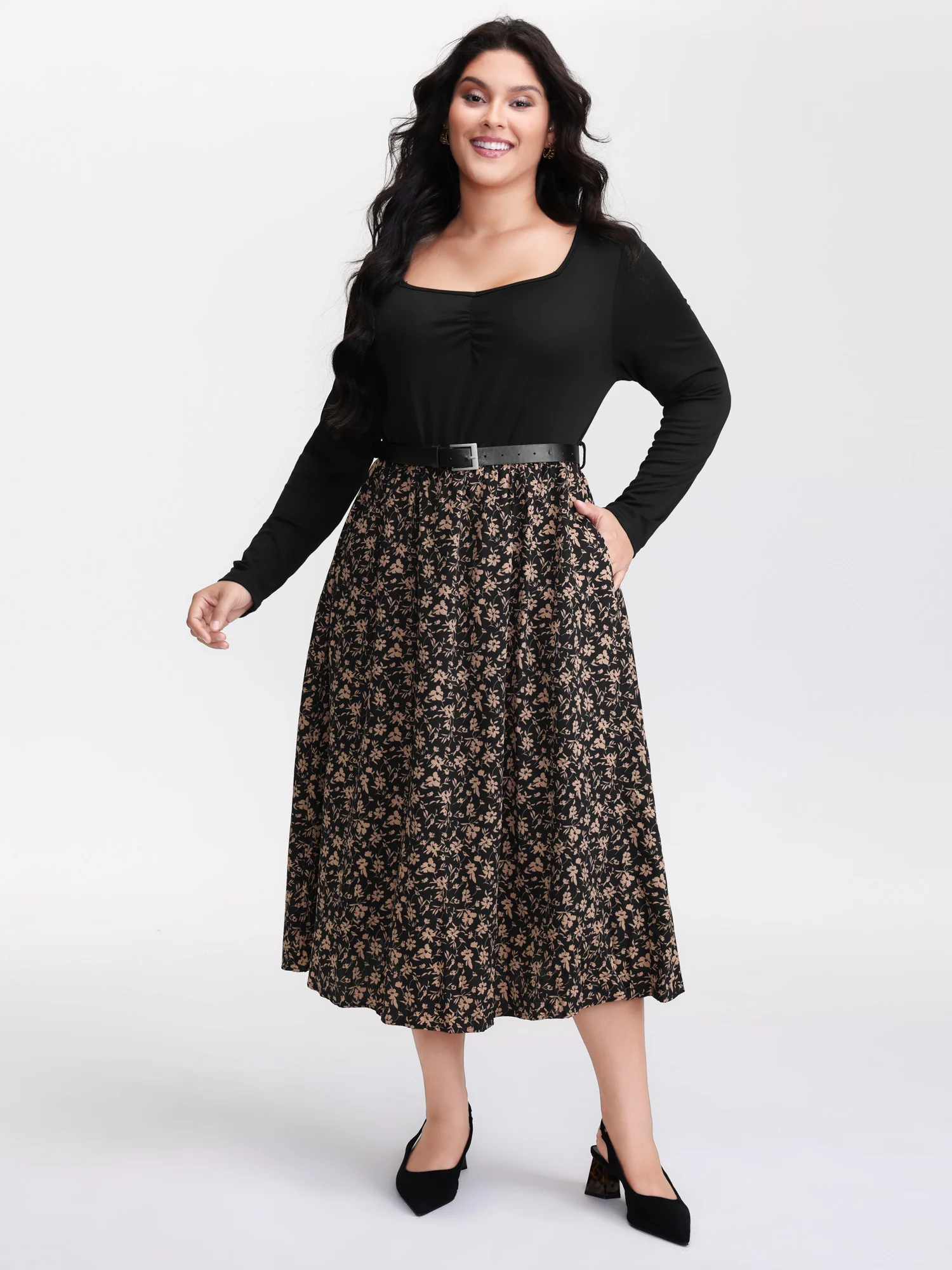 Floral Ruched Detachable Belt Maxi Dress - Image 3