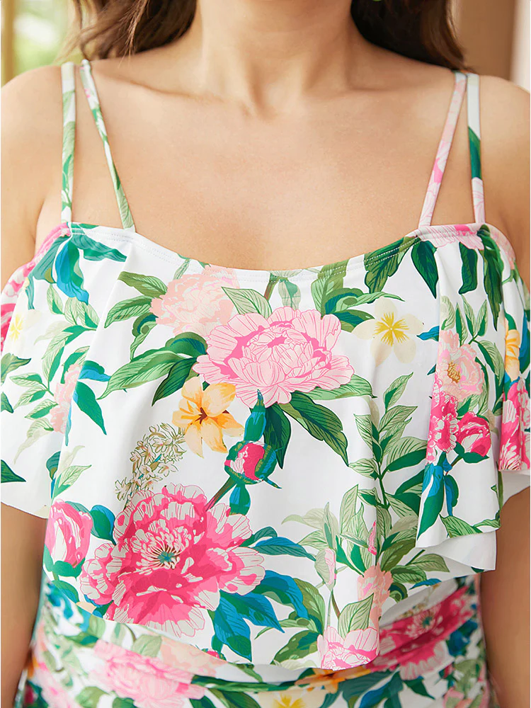 Floral Ruched Detail Ruffle Trim Cami One Piece Swimsuit - Image 8