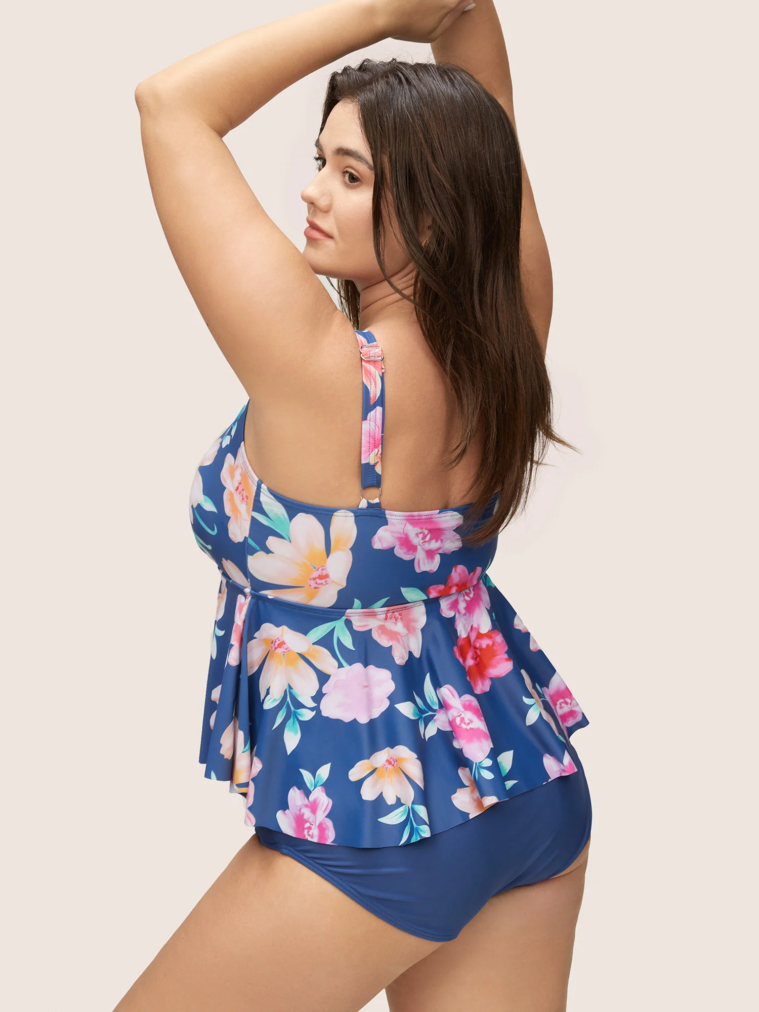 Floral Ruffle Hem Adjustable Straps One Piece Swimsuit - Image 2