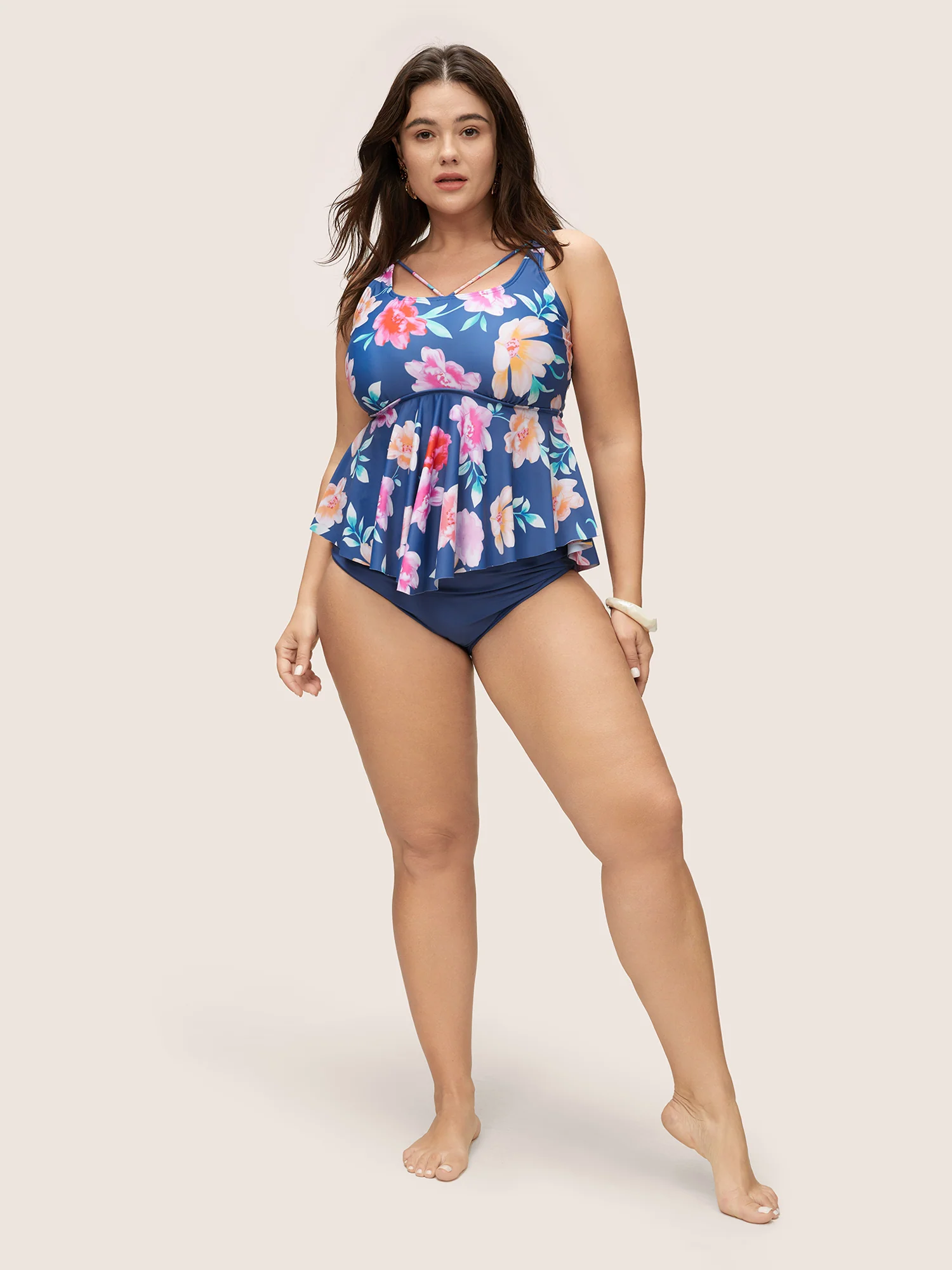 Floral Ruffle Hem Adjustable Straps One Piece Swimsuit - Image 3