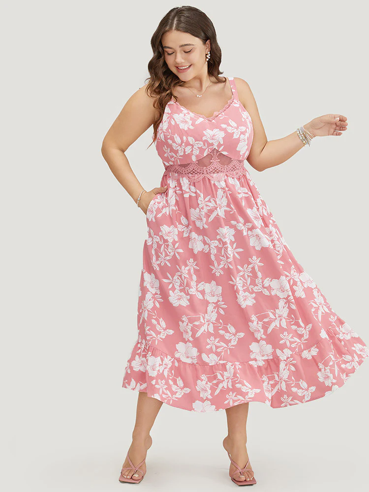 Floral Ruffle Hem Pocket Lace Mesh Insert Cami Dress - Image 2