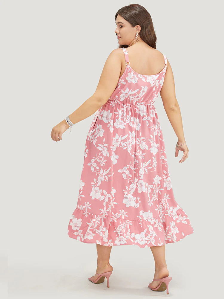 Floral Ruffle Hem Pocket Lace Mesh Insert Cami Dress - Image 3