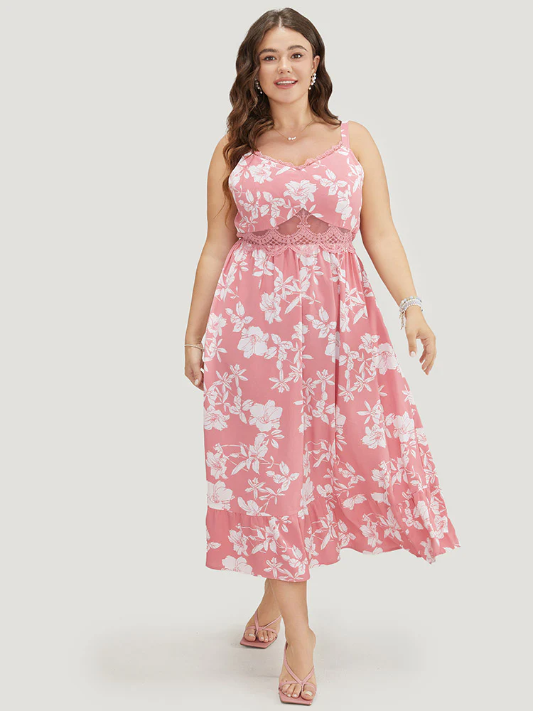 Floral Ruffle Hem Pocket Lace Mesh Insert Cami Dress - Image 4