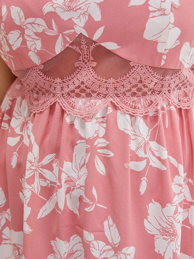Floral Ruffle Hem Pocket Lace Mesh Insert Cami Dress - Image 6