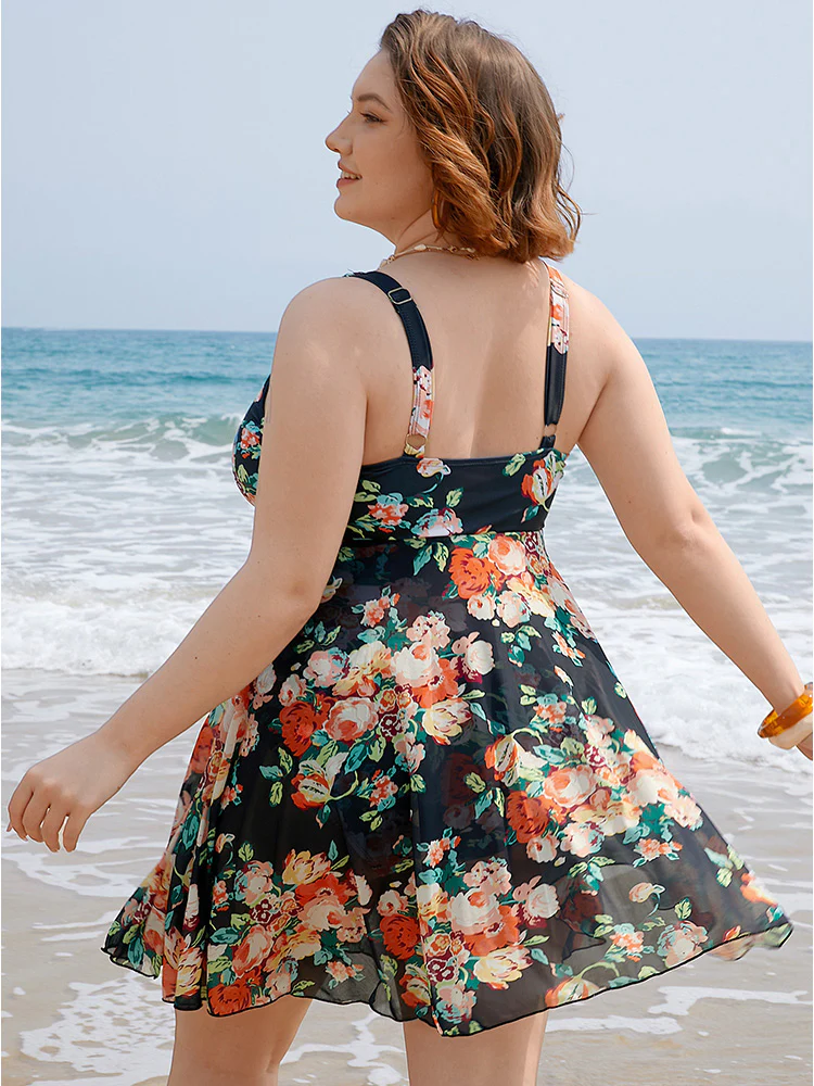 Floral Ruffle Hem Twist Ruched Swim Dress - Image 2