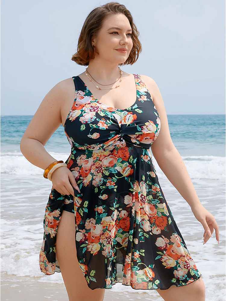 Floral Ruffle Hem Twist Ruched Swim Dress - Image 3