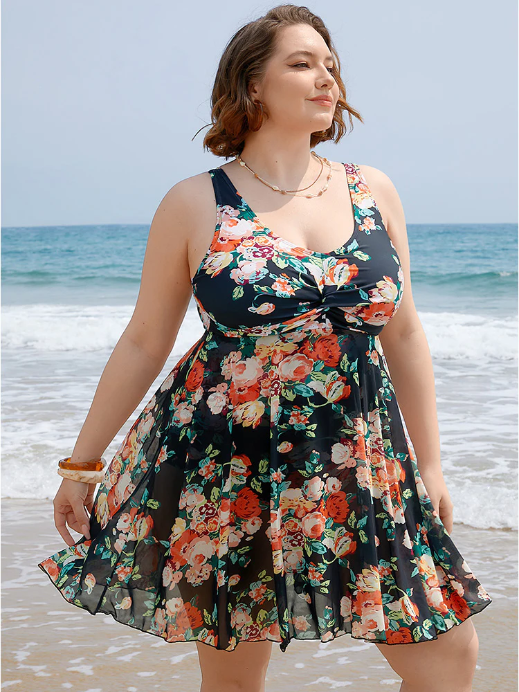 Floral Ruffle Hem Twist Ruched Swim Dress - Image 4