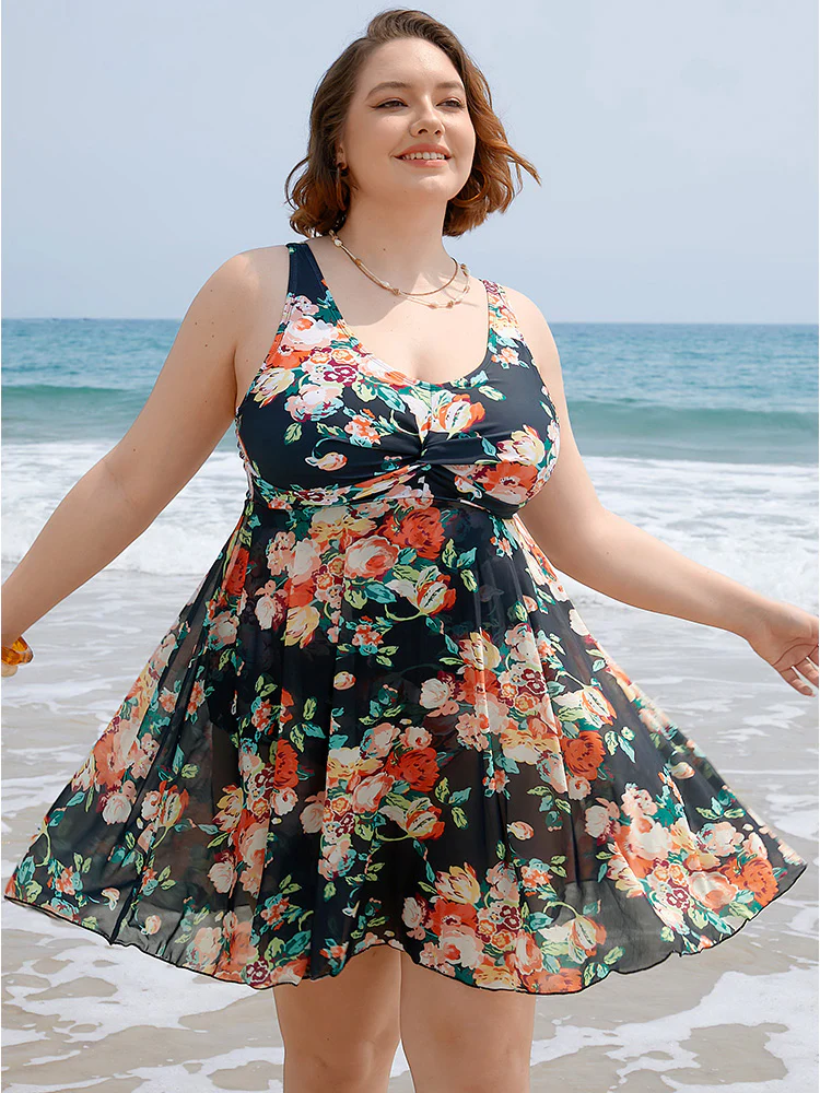 Floral Ruffle Hem Twist Ruched Swim Dress - Image 5