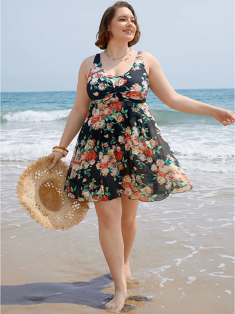 Floral Ruffle Hem Twist Ruched Swim Dress - Image 6