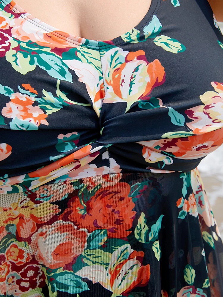 Floral Ruffle Hem Twist Ruched Swim Dress - Image 8