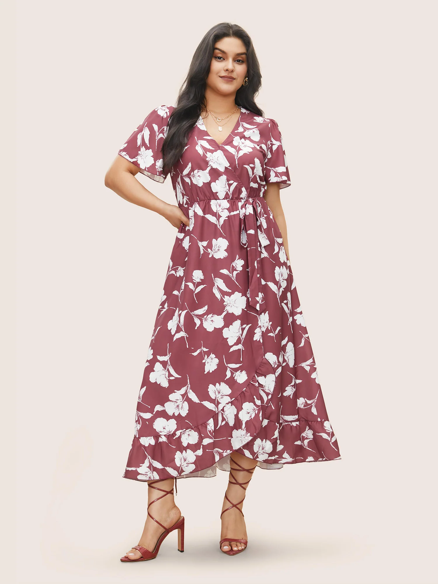 Floral Ruffle Knot Side Wrap Dress - Image 3