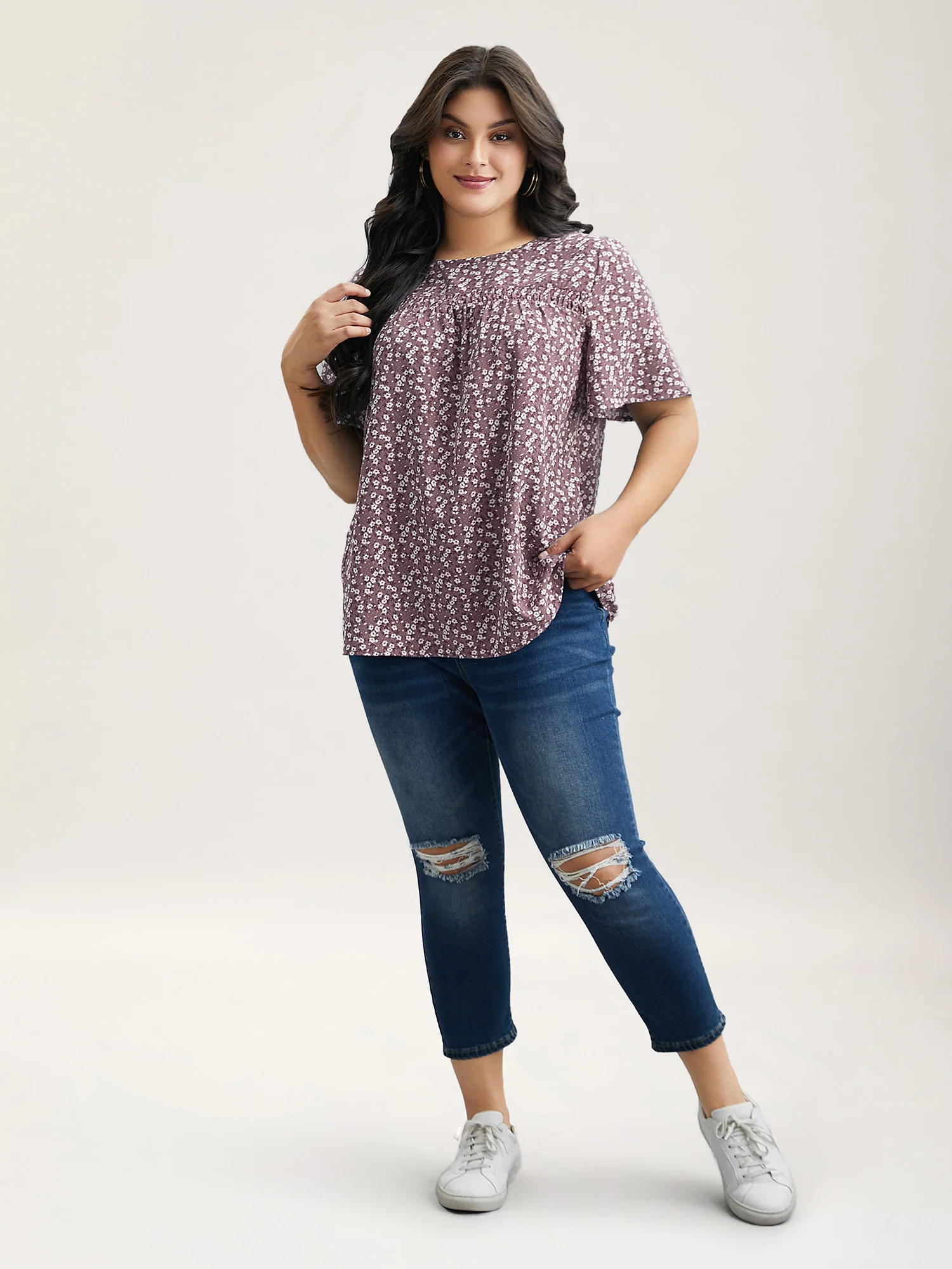 Floral Ruffle Sleeve Gathered Round Neck Blouse - Image 10