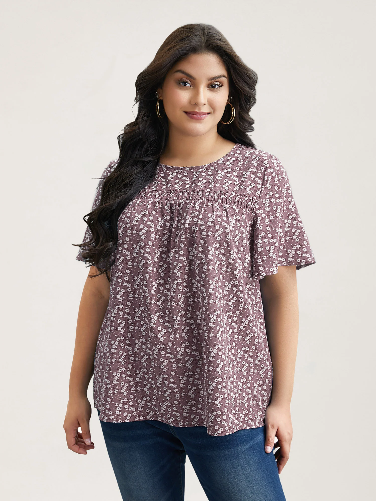 Floral Ruffle Sleeve Gathered Round Neck Blouse - Image 11
