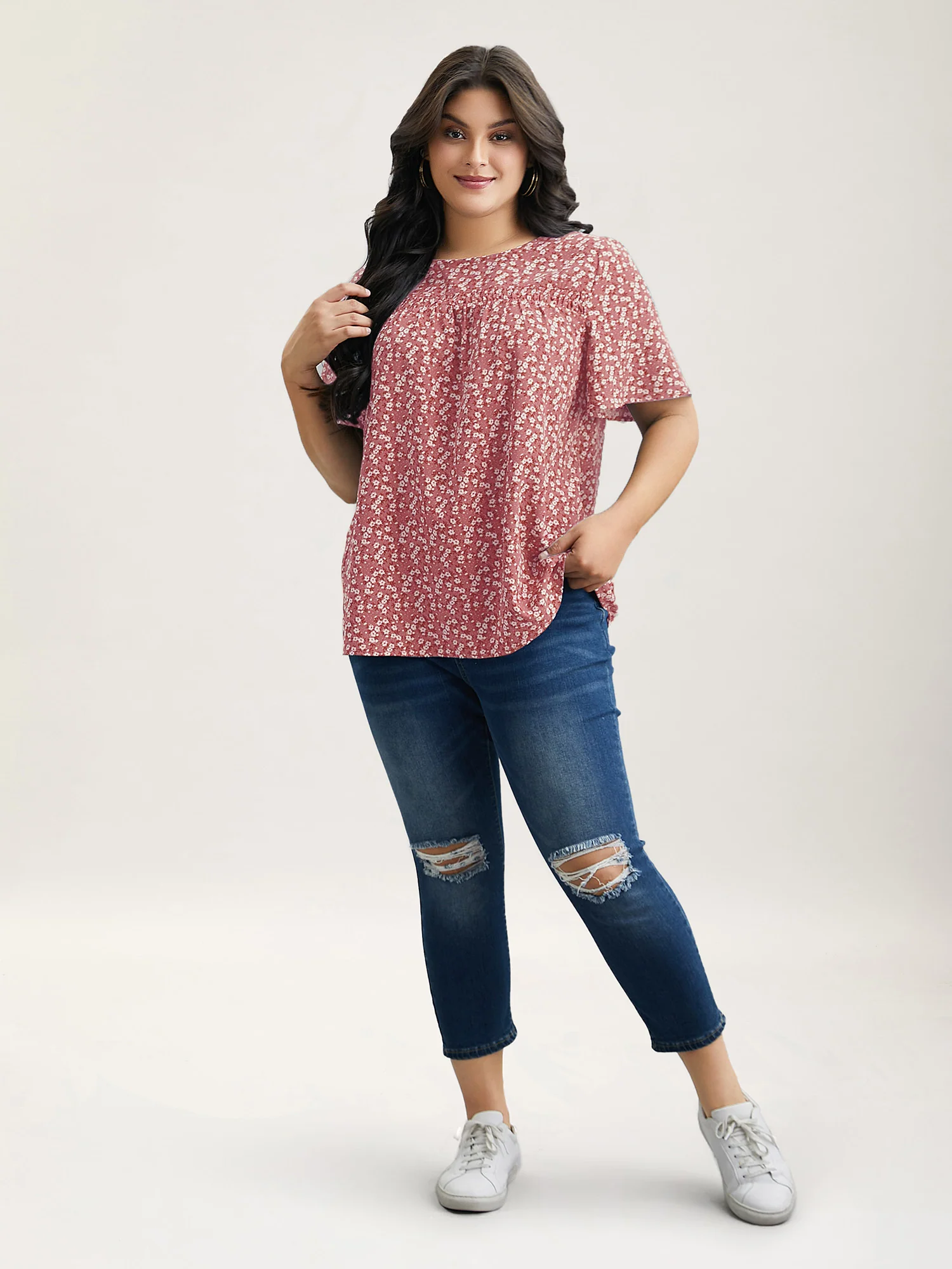 Floral Ruffle Sleeve Gathered Round Neck Blouse - Image 14