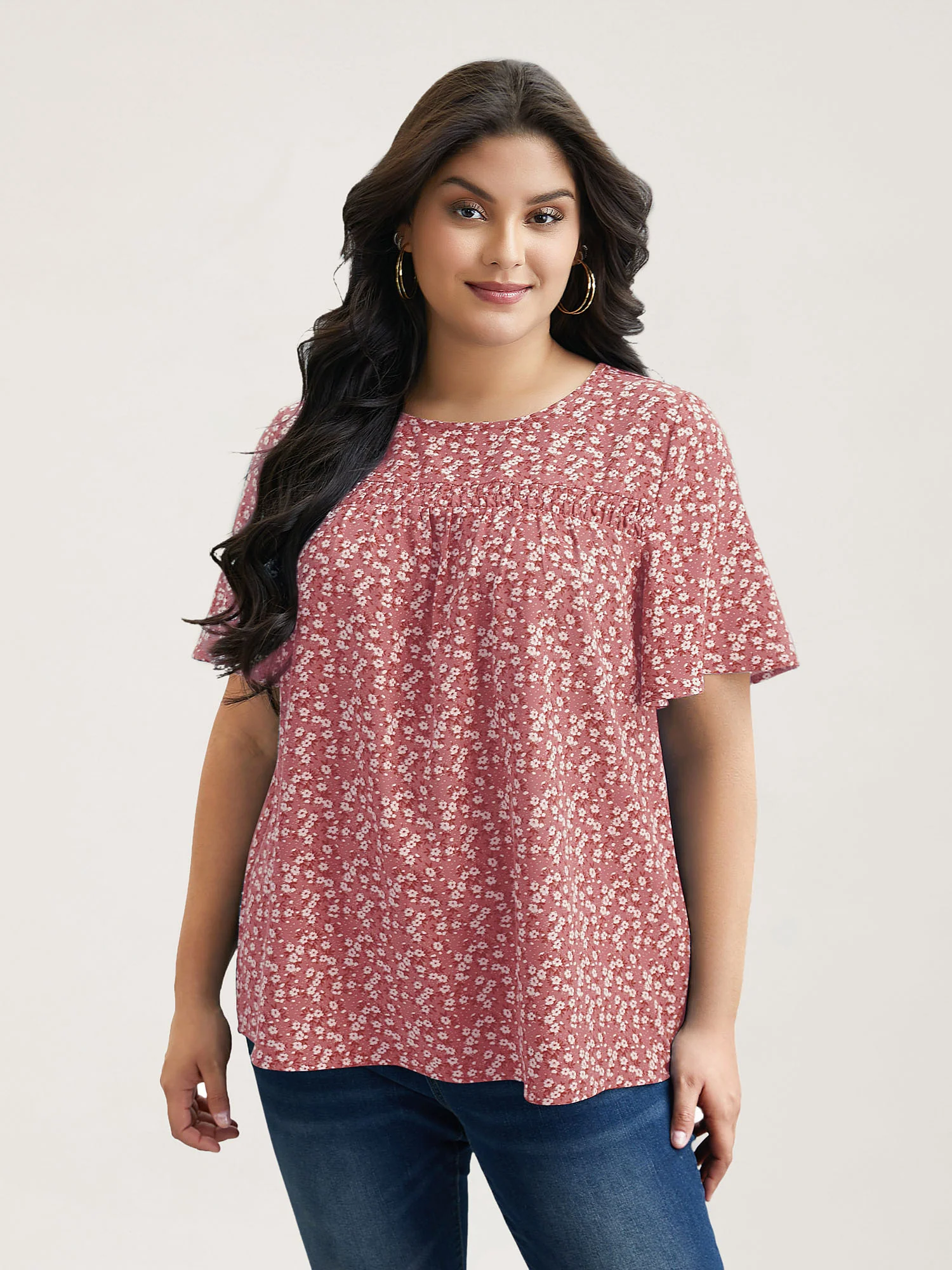 Floral Ruffle Sleeve Gathered Round Neck Blouse - Image 15