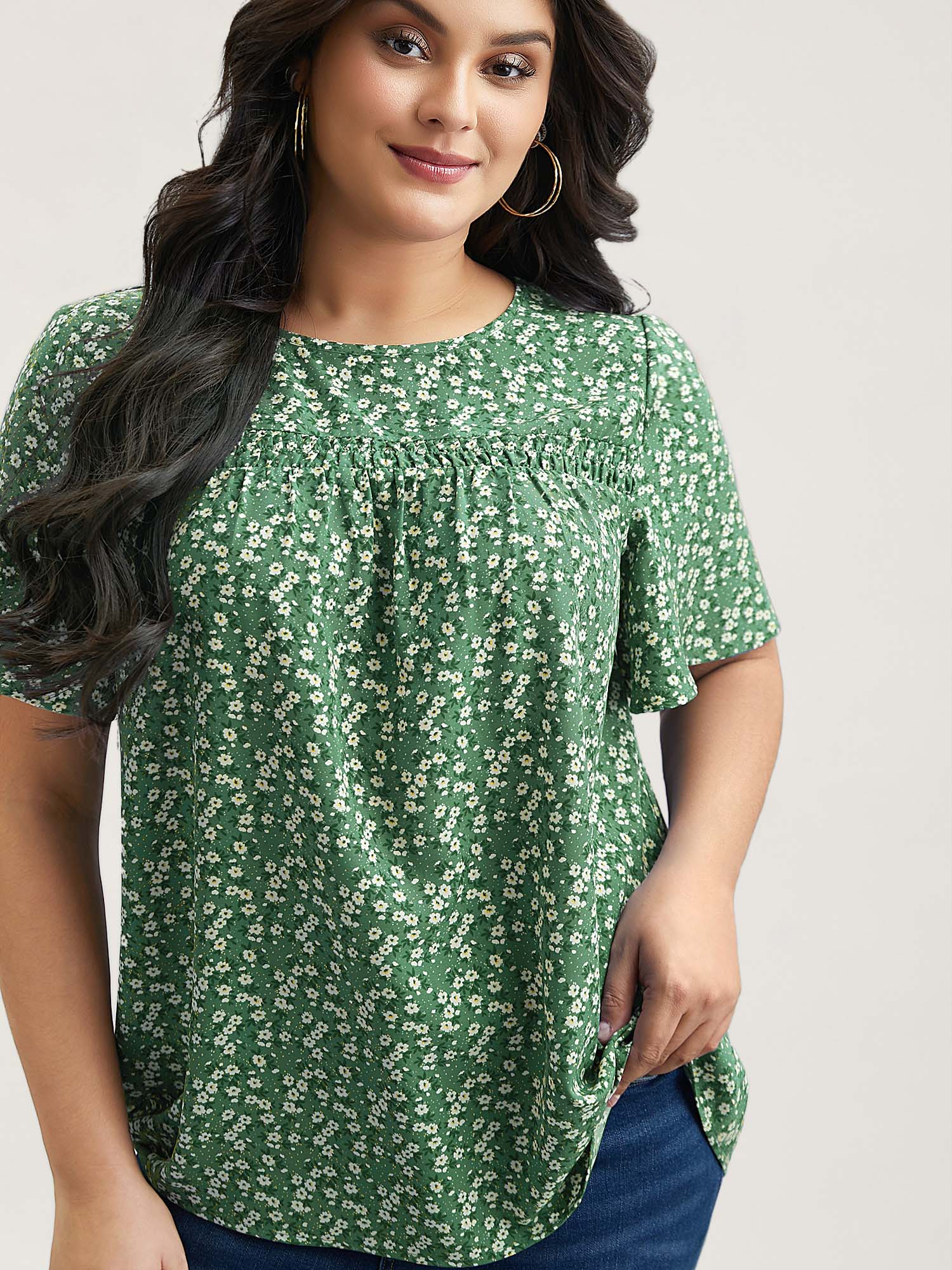 Floral Ruffle Sleeve Gathered Round Neck Blouse - Image 17