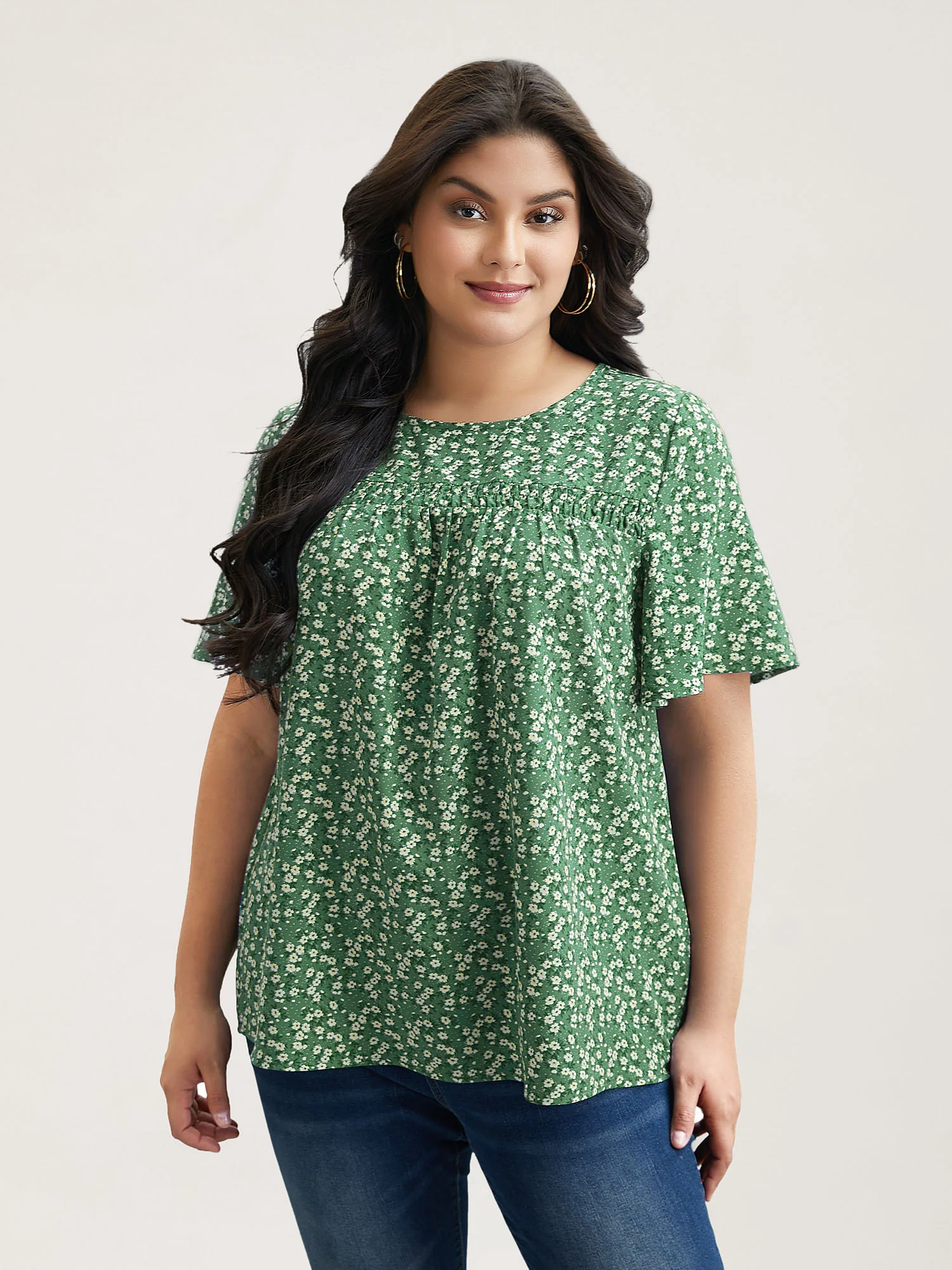 Floral Ruffle Sleeve Gathered Round Neck Blouse - Image 19