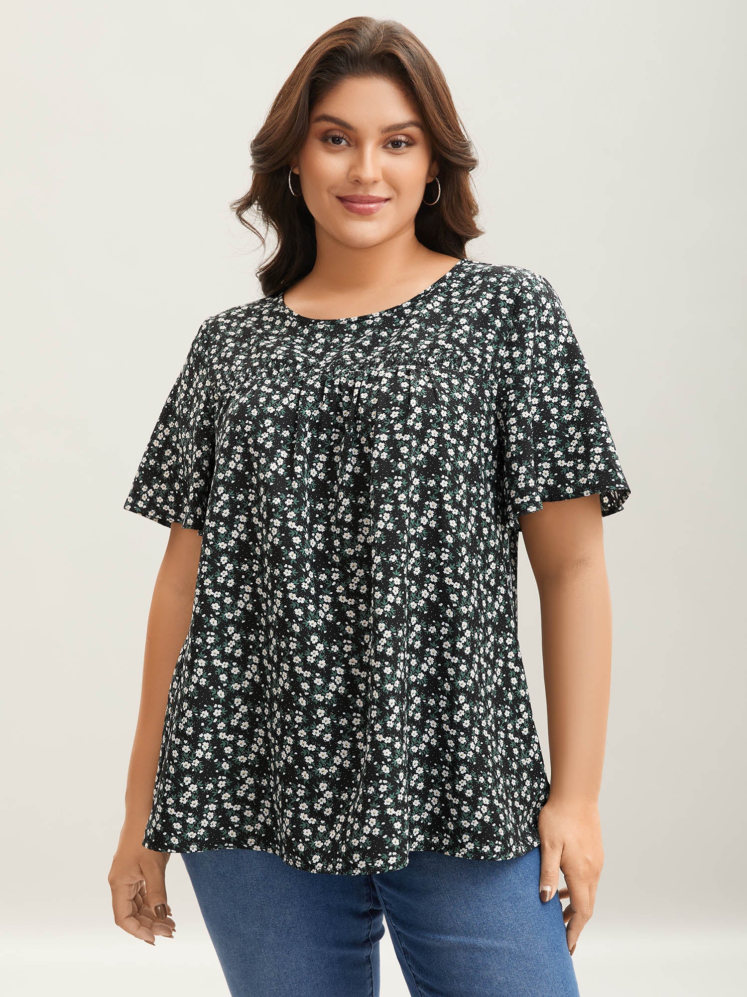 Floral Ruffle Sleeve Gathered Round Neck Blouse - Image 21