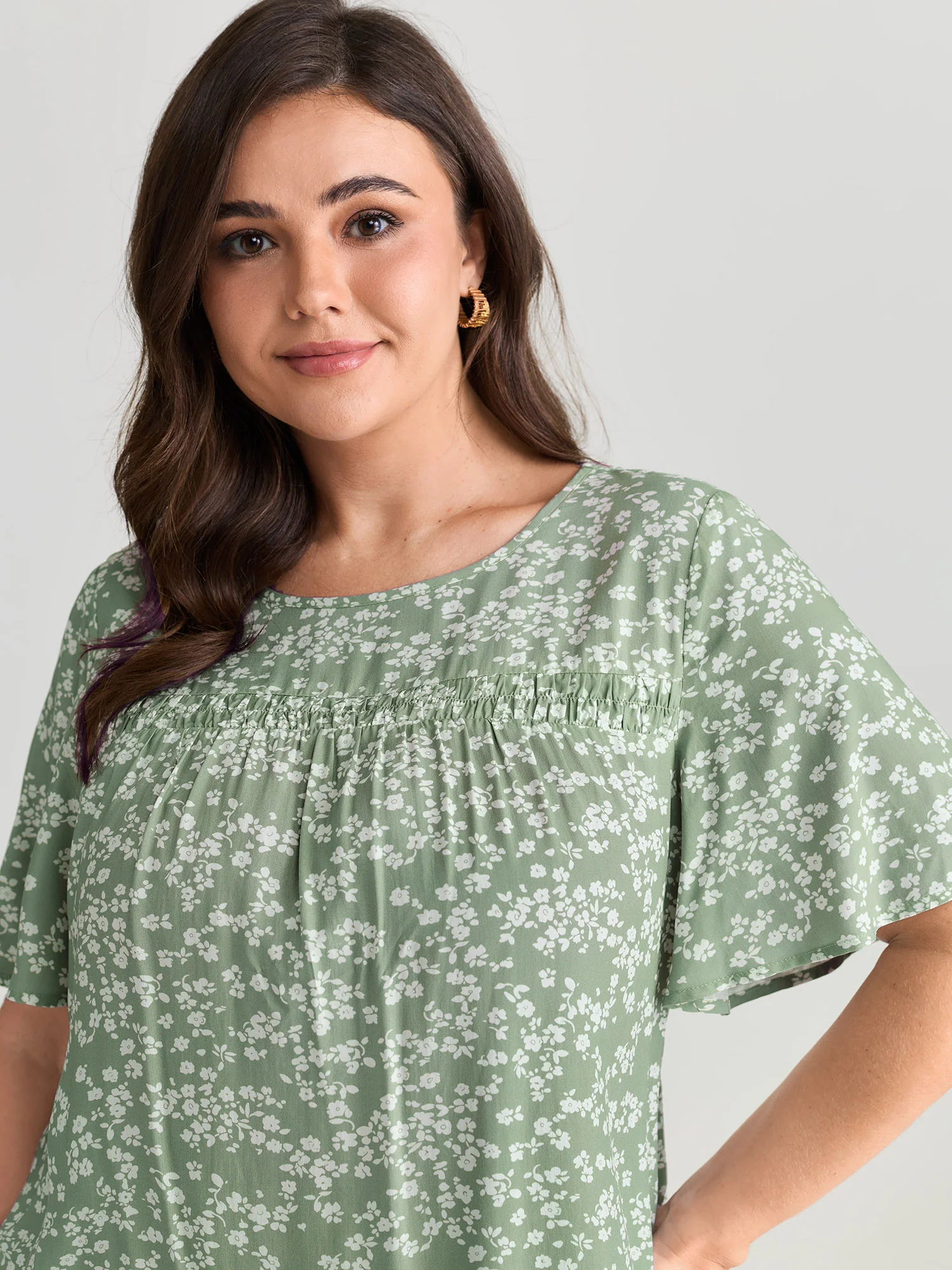 Floral Ruffle Sleeve Gathered Round Neck Blouse - Image 25