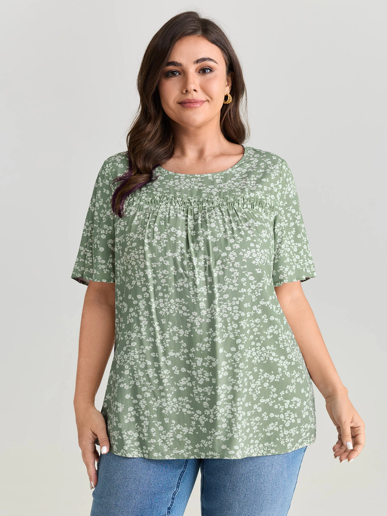 Floral Ruffle Sleeve Gathered Round Neck Blouse - Image 26