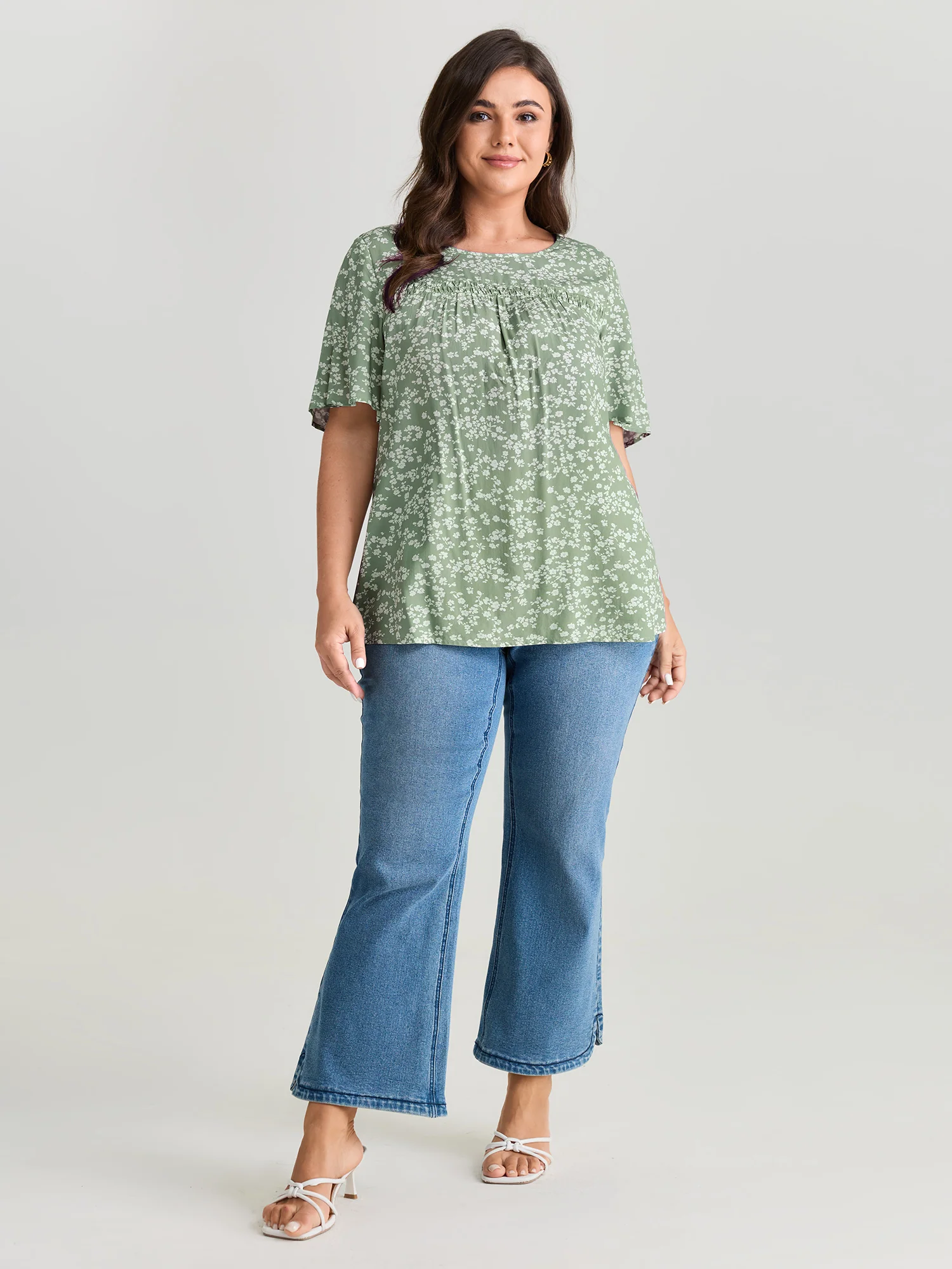 Floral Ruffle Sleeve Gathered Round Neck Blouse - Image 27