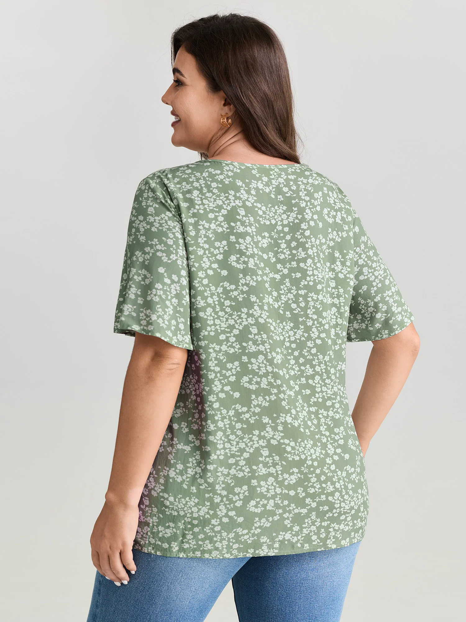 Floral Ruffle Sleeve Gathered Round Neck Blouse - Image 28