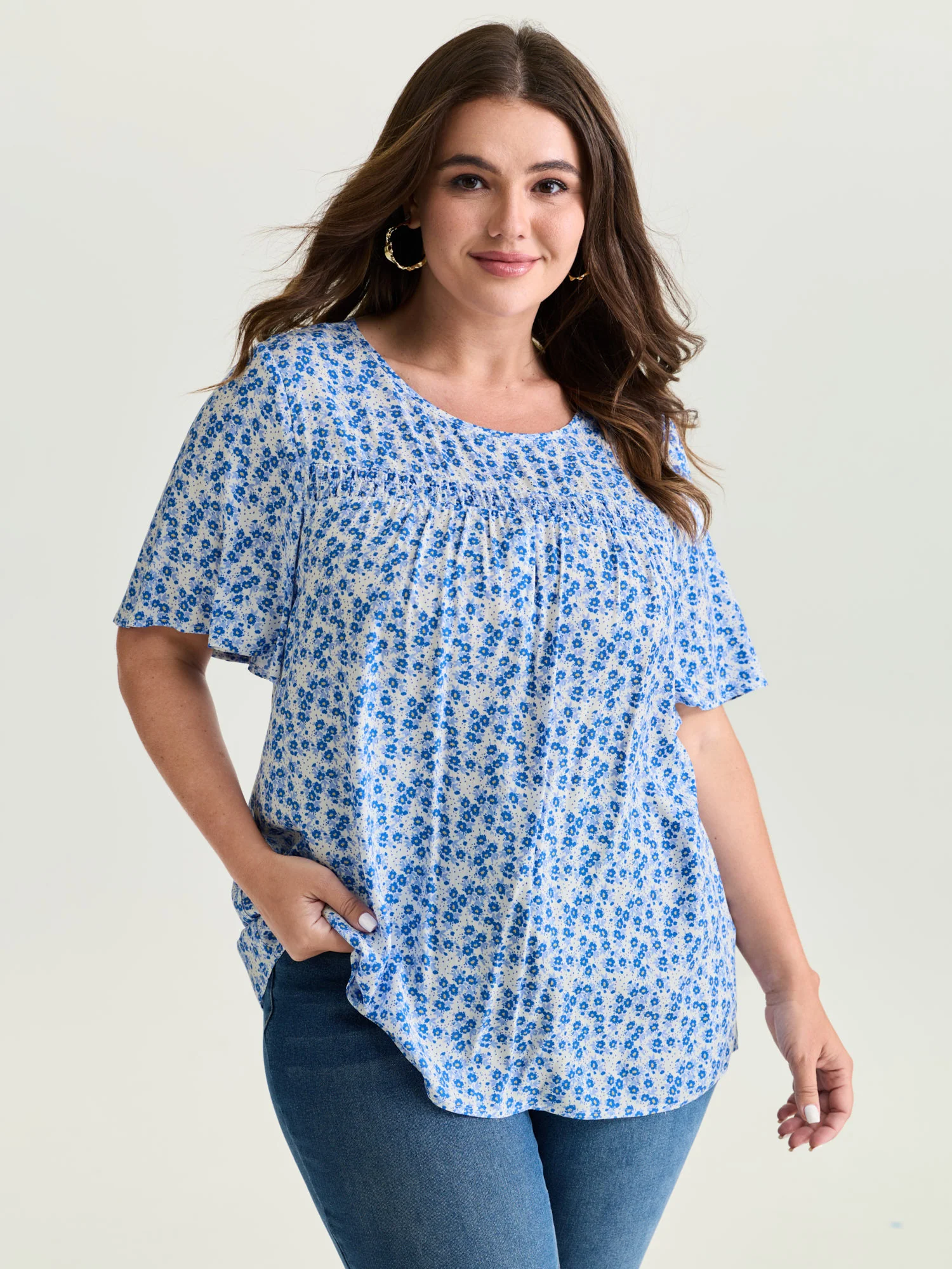Floral Ruffle Sleeve Gathered Round Neck Blouse - Image 29
