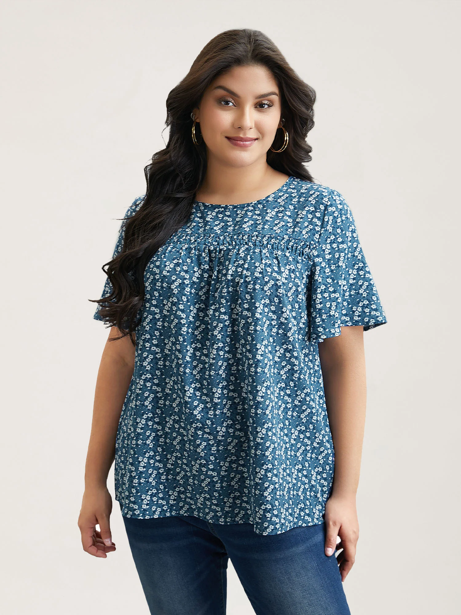 Floral Ruffle Sleeve Gathered Round Neck Blouse - Image 3