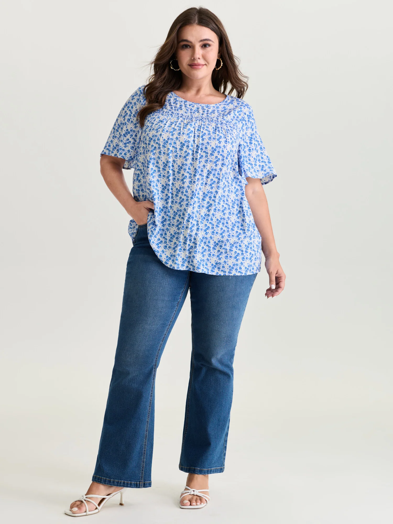 Floral Ruffle Sleeve Gathered Round Neck Blouse - Image 30