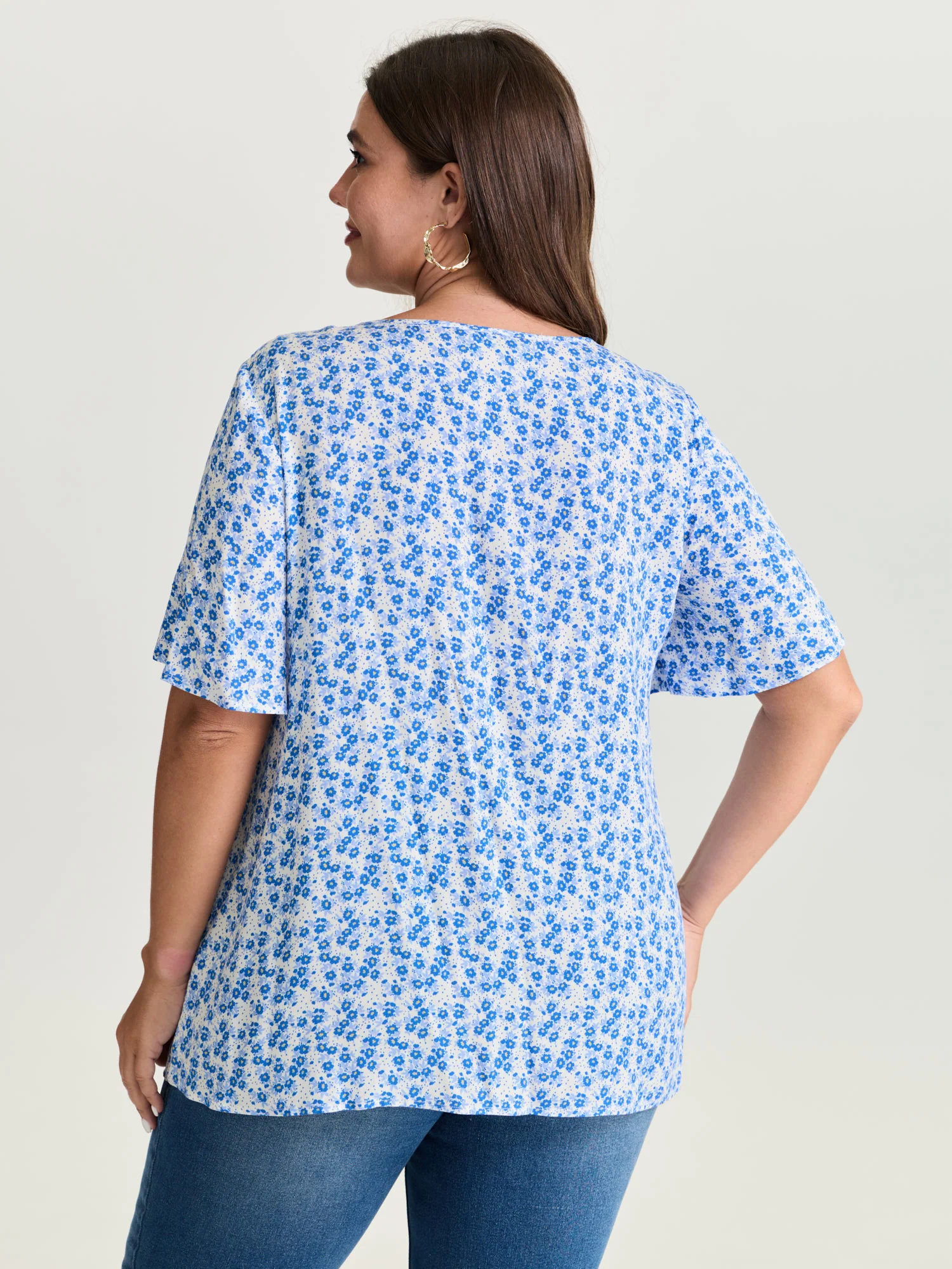 Floral Ruffle Sleeve Gathered Round Neck Blouse - Image 33