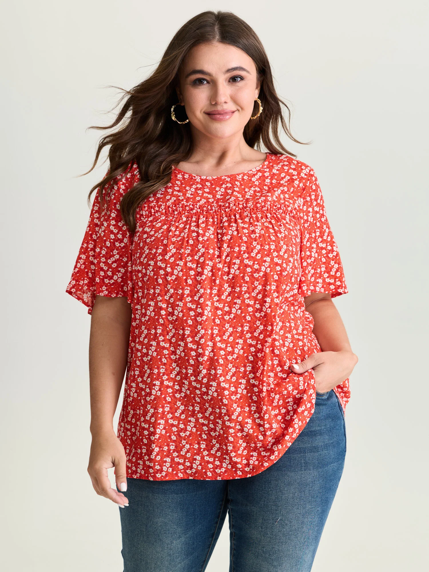 Floral Ruffle Sleeve Gathered Round Neck Blouse - Image 34