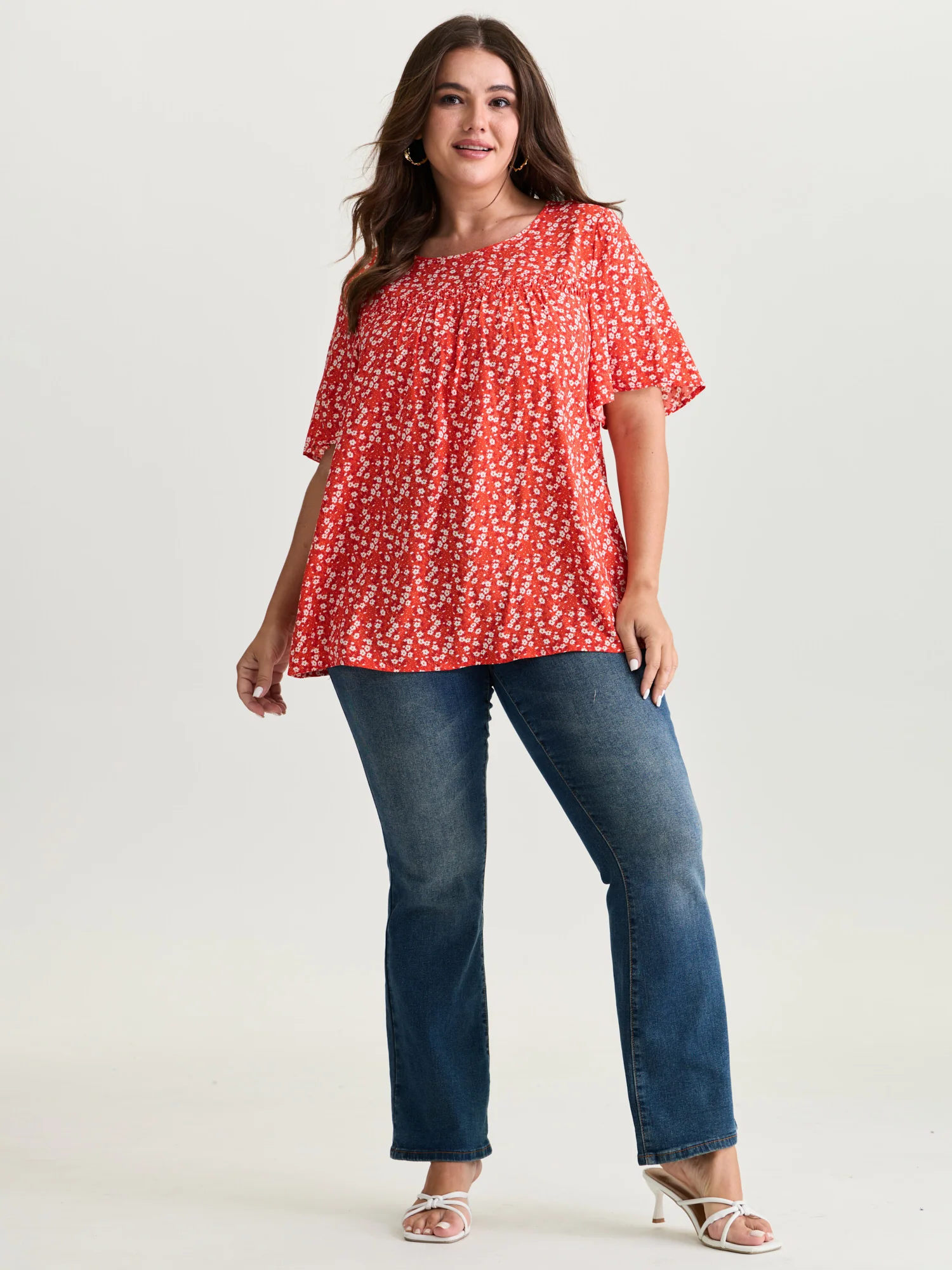 Floral Ruffle Sleeve Gathered Round Neck Blouse - Image 35
