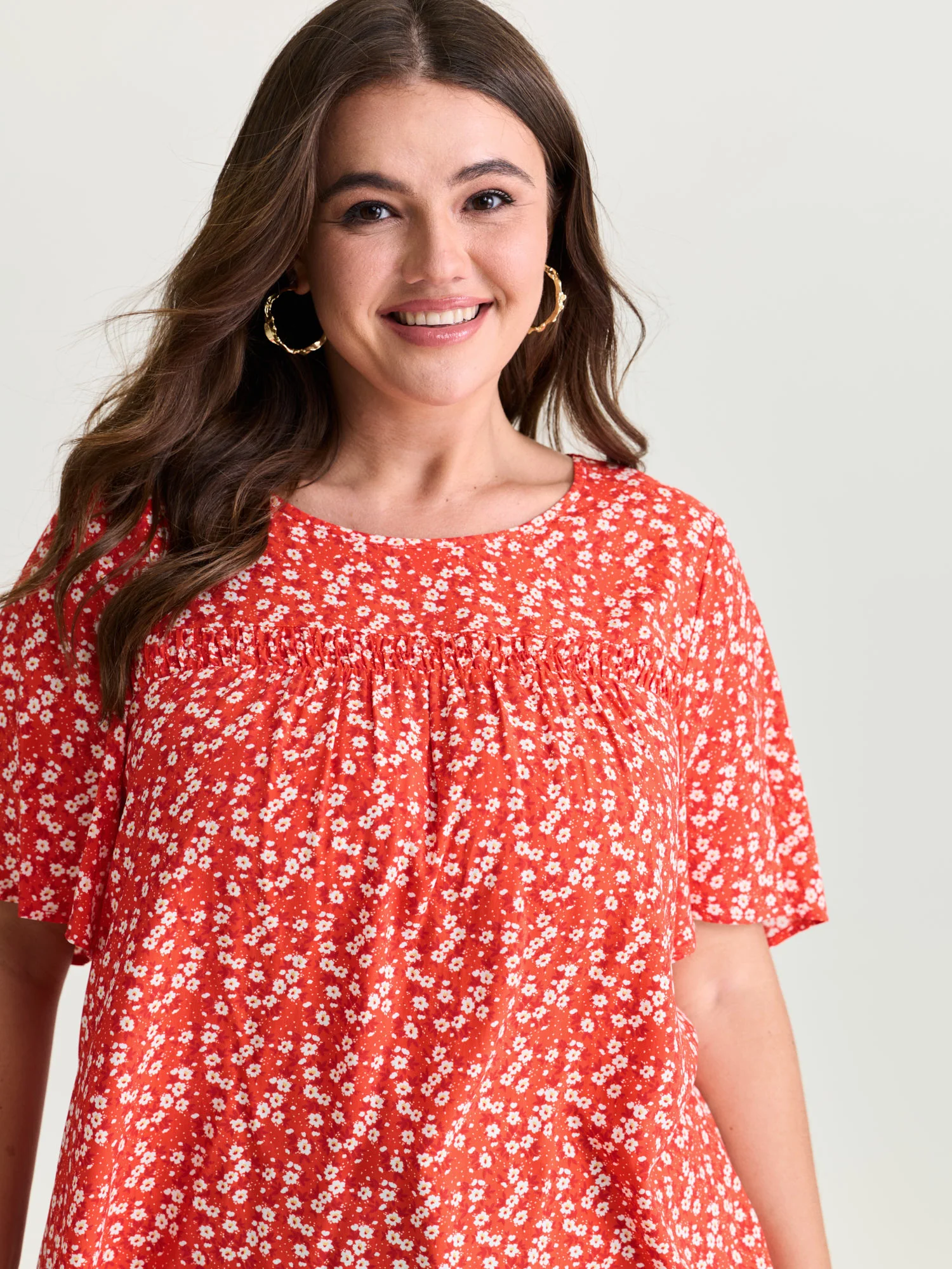 Floral Ruffle Sleeve Gathered Round Neck Blouse - Image 36