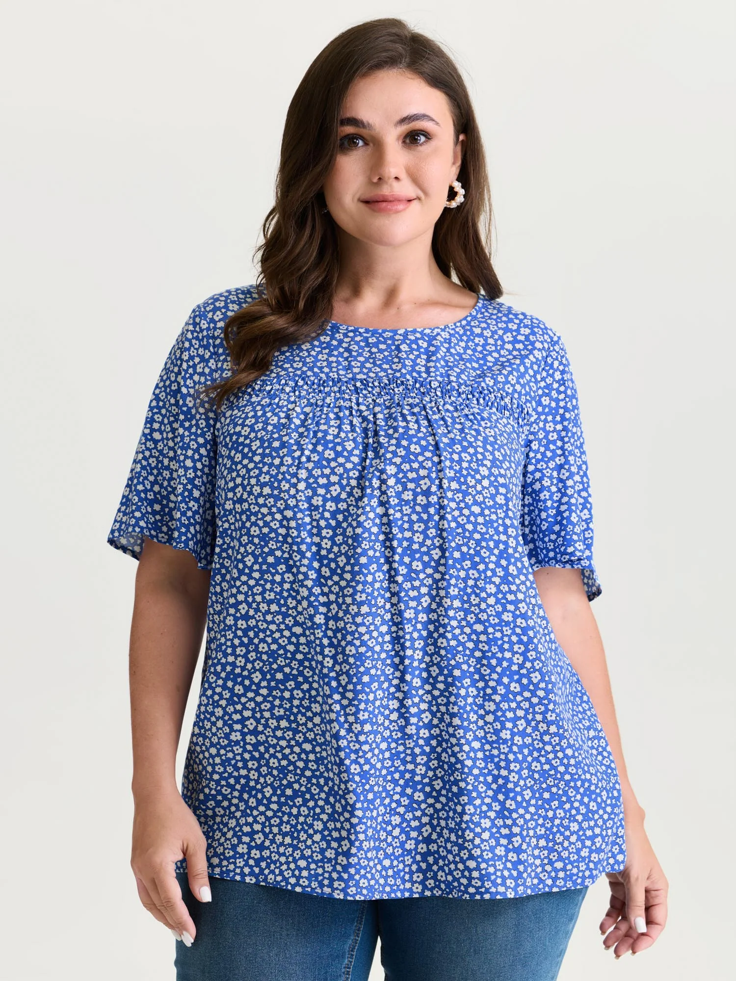Floral Ruffle Sleeve Gathered Round Neck Blouse - Image 38