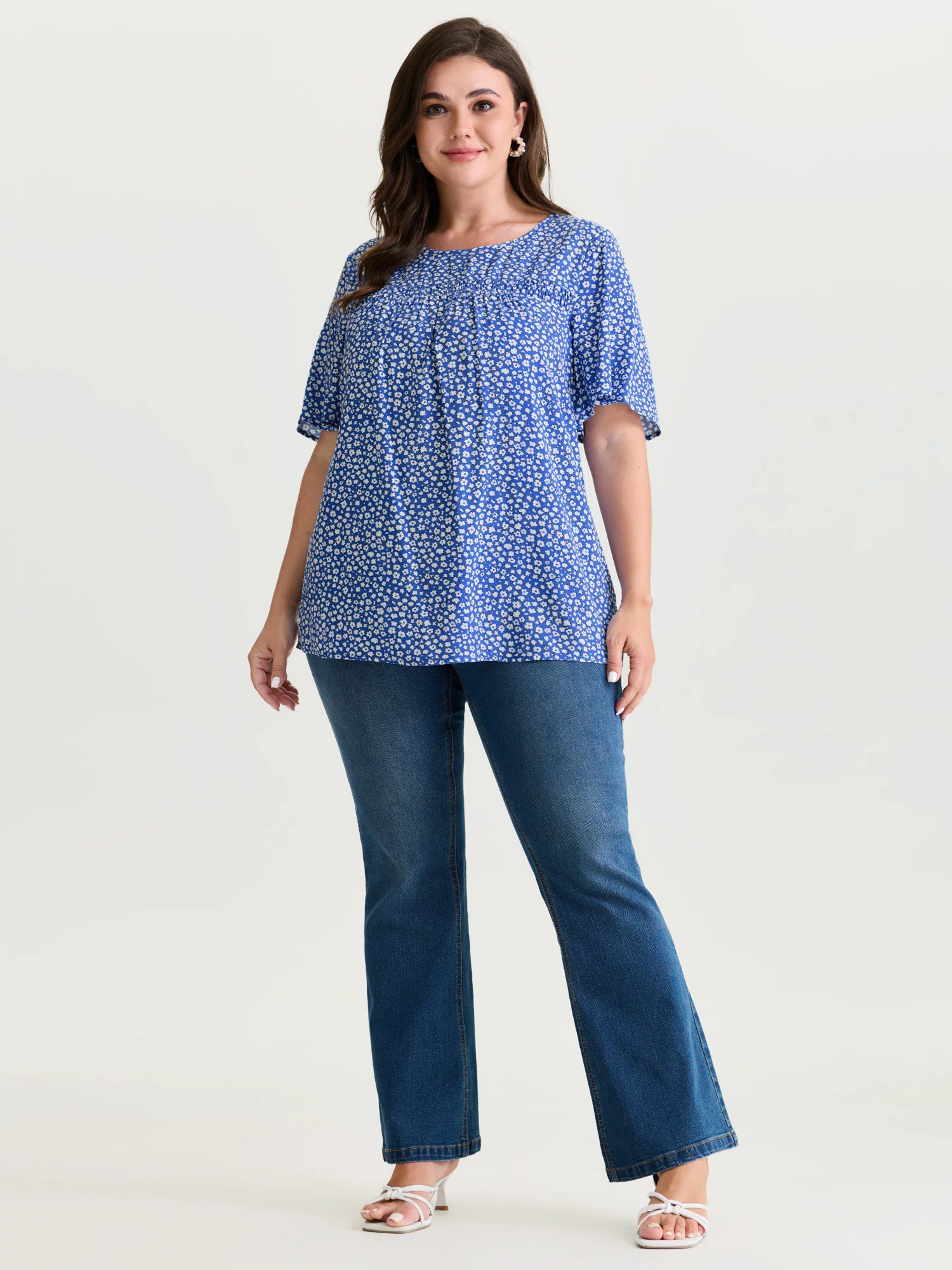 Floral Ruffle Sleeve Gathered Round Neck Blouse - Image 39