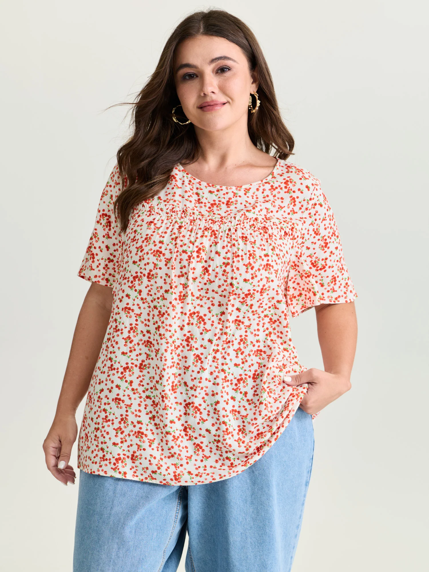 Floral Ruffle Sleeve Gathered Round Neck Blouse - Image 42