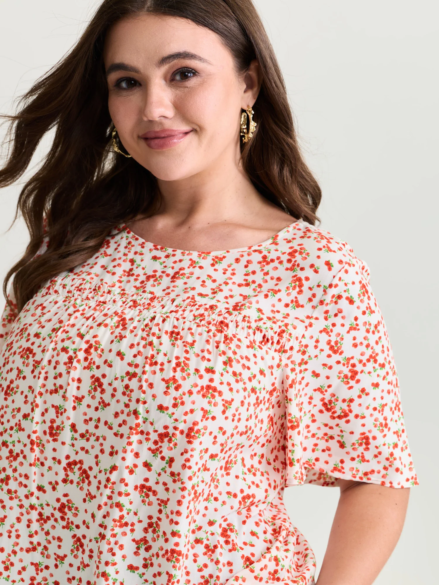 Floral Ruffle Sleeve Gathered Round Neck Blouse - Image 43