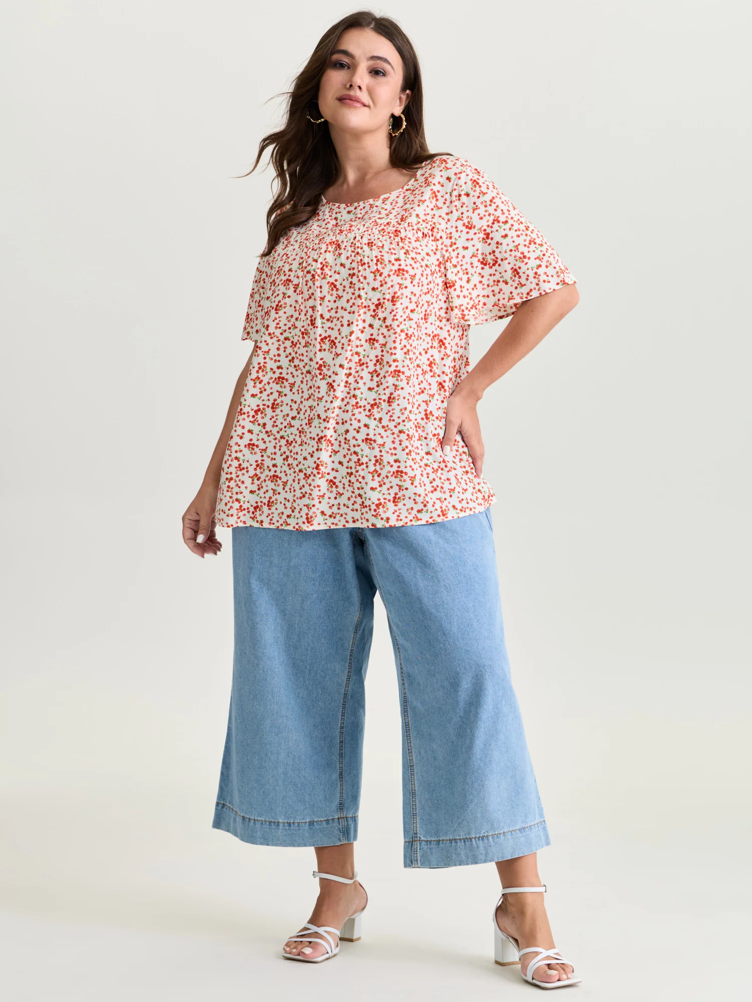 Floral Ruffle Sleeve Gathered Round Neck Blouse - Image 44
