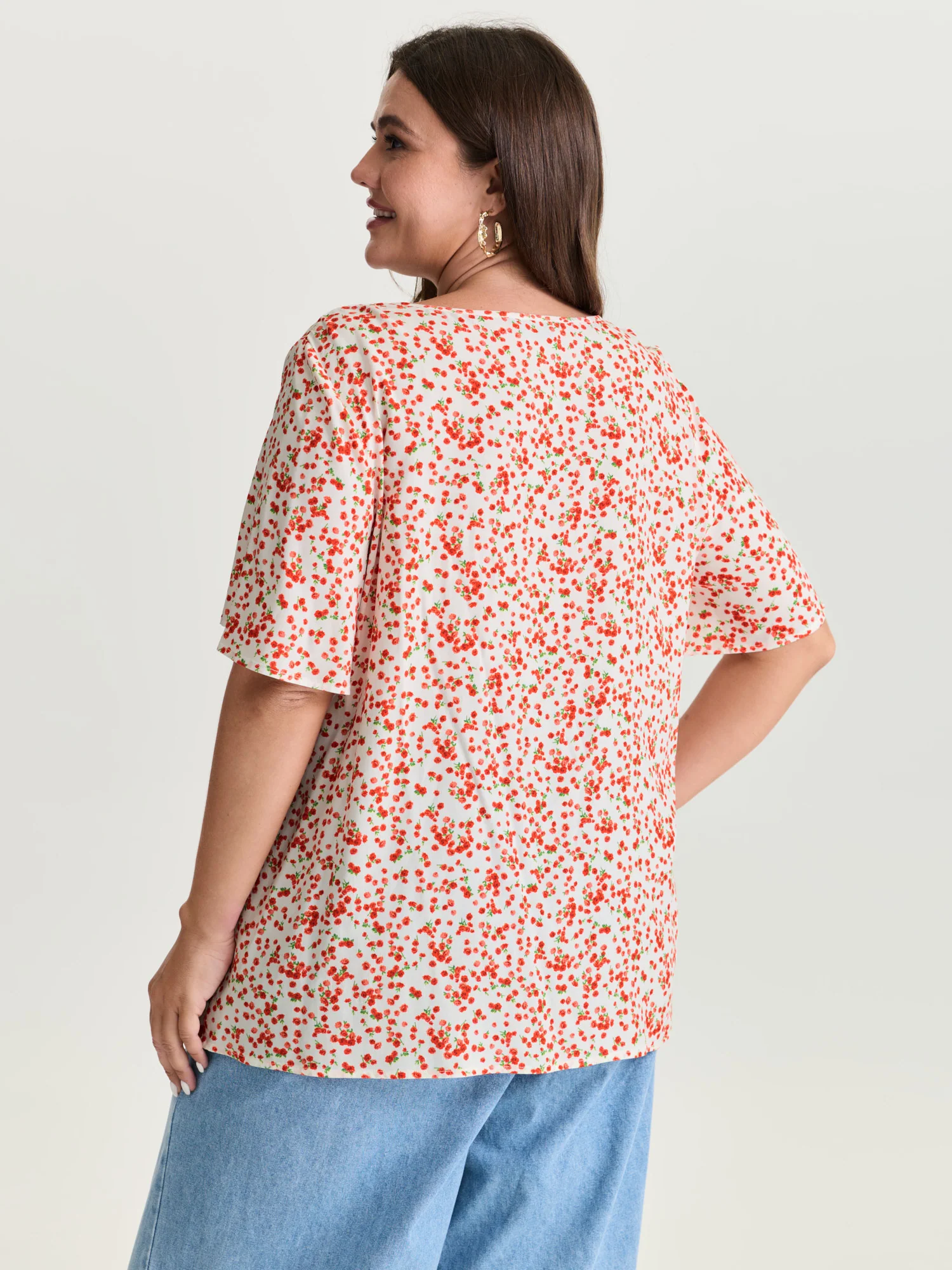 Floral Ruffle Sleeve Gathered Round Neck Blouse - Image 45