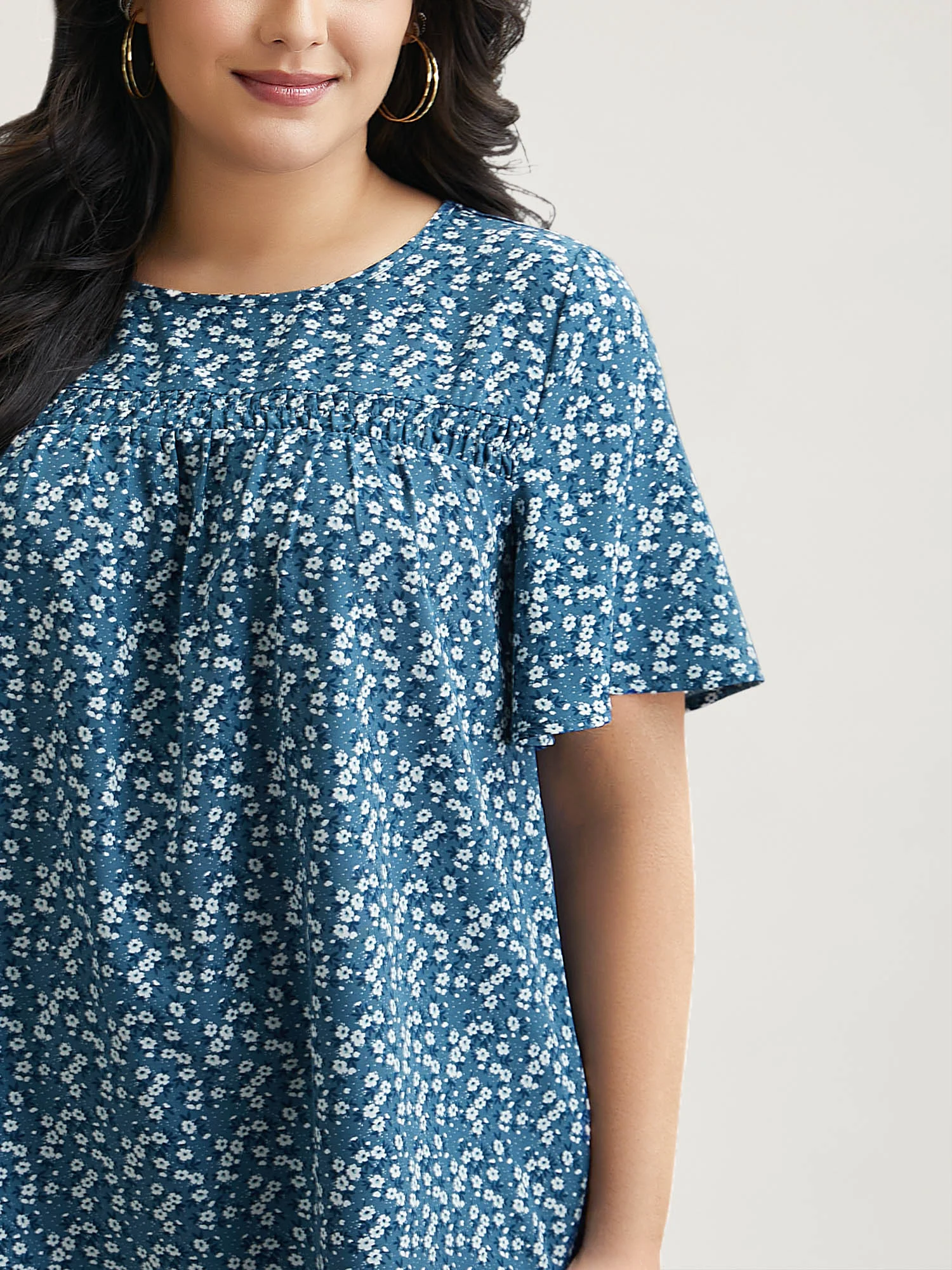 Floral Ruffle Sleeve Gathered Round Neck Blouse - Image 5