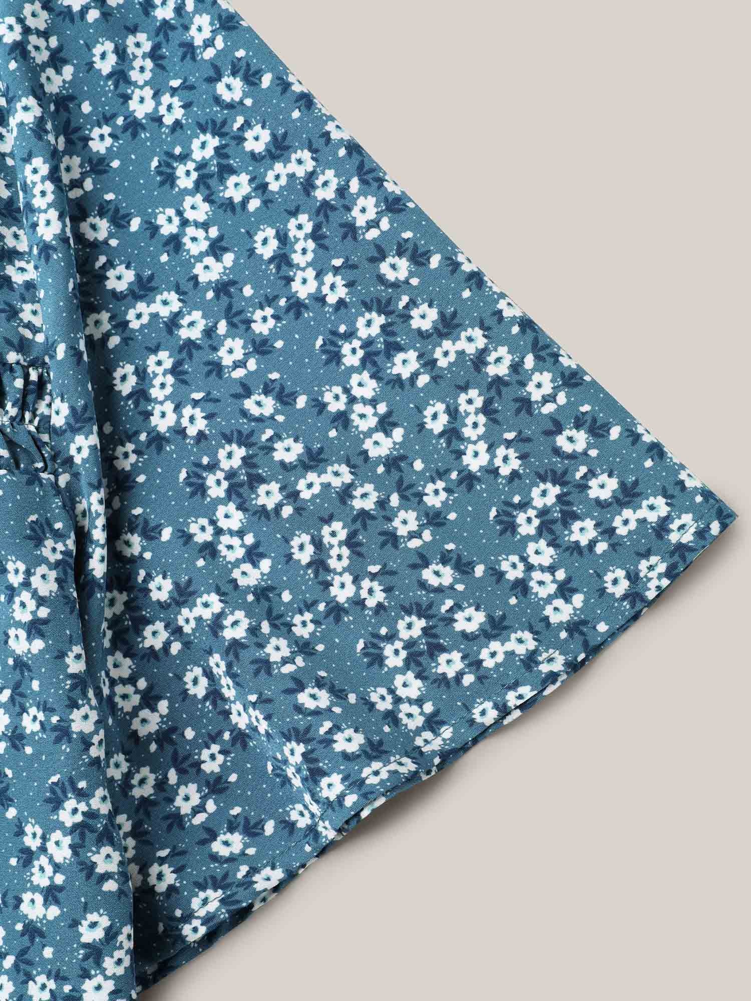 Floral Ruffle Sleeve Gathered Round Neck Blouse - Image 7