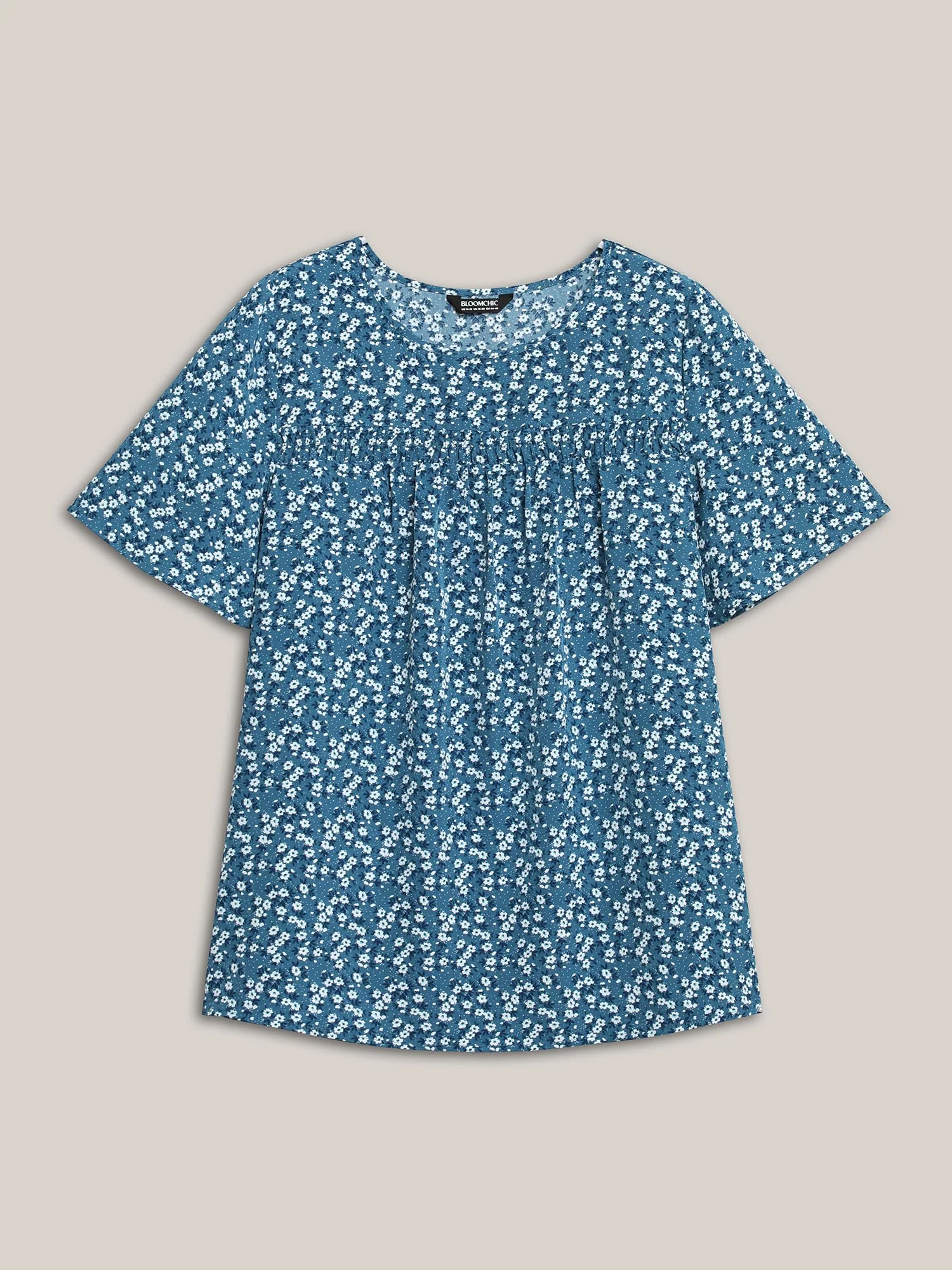 Floral Ruffle Sleeve Gathered Round Neck Blouse - Image 8