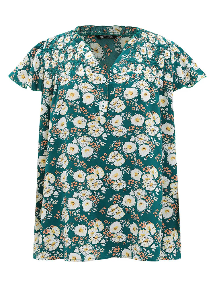 Floral Ruffle Sleeve Shirred Button Up Frill Trim Blouse - Image 10