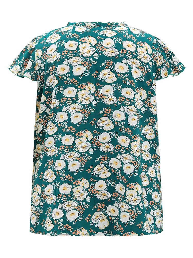 Floral Ruffle Sleeve Shirred Button Up Frill Trim Blouse - Image 11