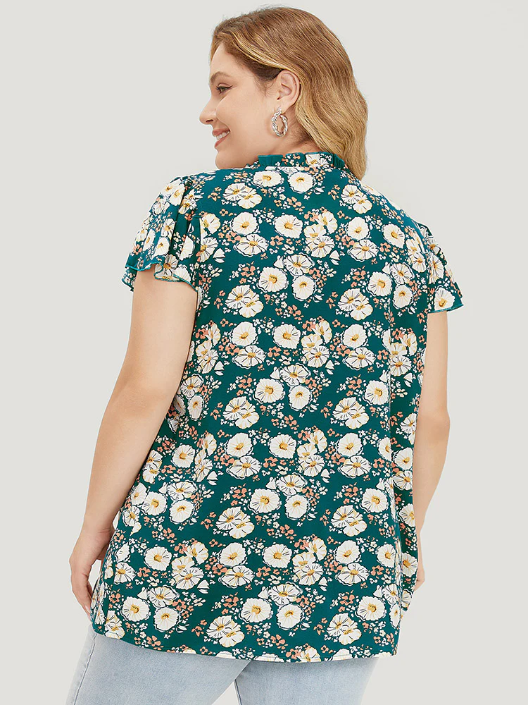 Floral Ruffle Sleeve Shirred Button Up Frill Trim Blouse - Image 2