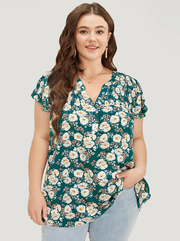 Floral Ruffle Sleeve Shirred Button Up Frill Trim Blouse - Image 3