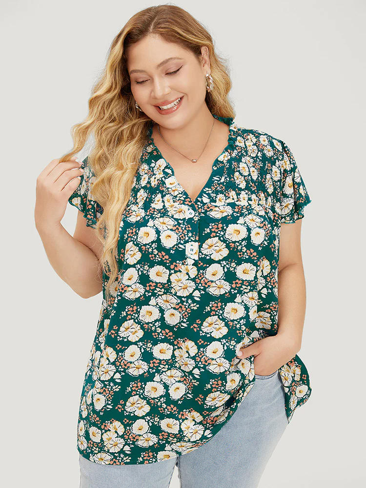 Floral Ruffle Sleeve Shirred Button Up Frill Trim Blouse - Image 4