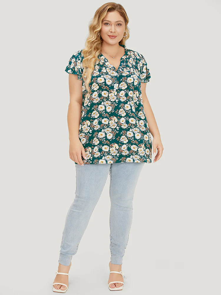Floral Ruffle Sleeve Shirred Button Up Frill Trim Blouse - Image 5