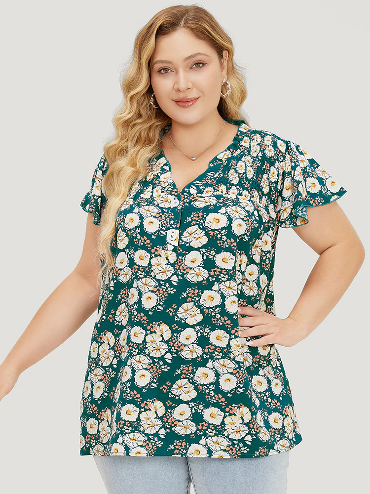 Floral Ruffle Sleeve Shirred Button Up Frill Trim Blouse - Image 6